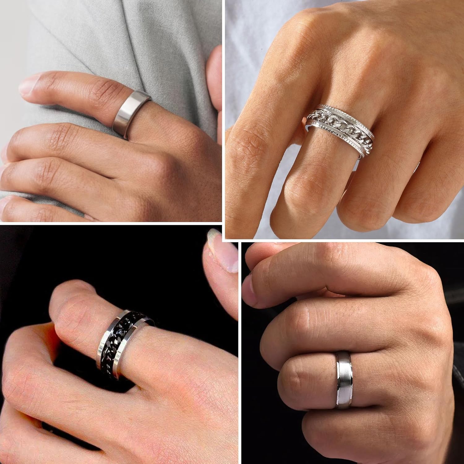 33 Pcs Silver Jewelry Set for Men Stainless Steel Band Ring Cuban Link Necklace Bracelet Hoop Stud Earrings Mens Jewelry Set - Image 5