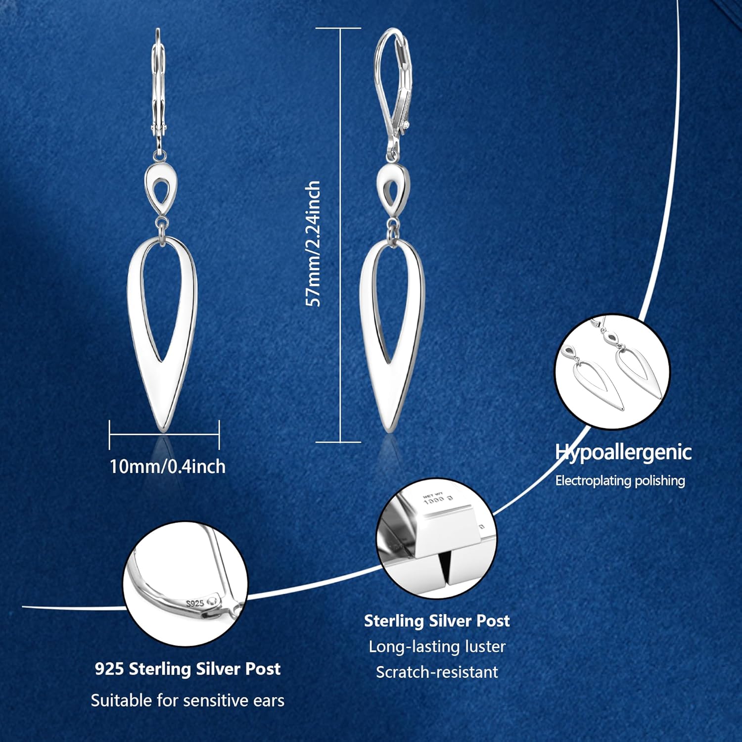 925 Sterling Silver Long Double Teardrop Dangle Earrings for Women Hypoallergenic Drop Leverback Earrings Trendy Silver Long Teardrop Dangle Earings for Jewelry Gifts with Box - Image 6