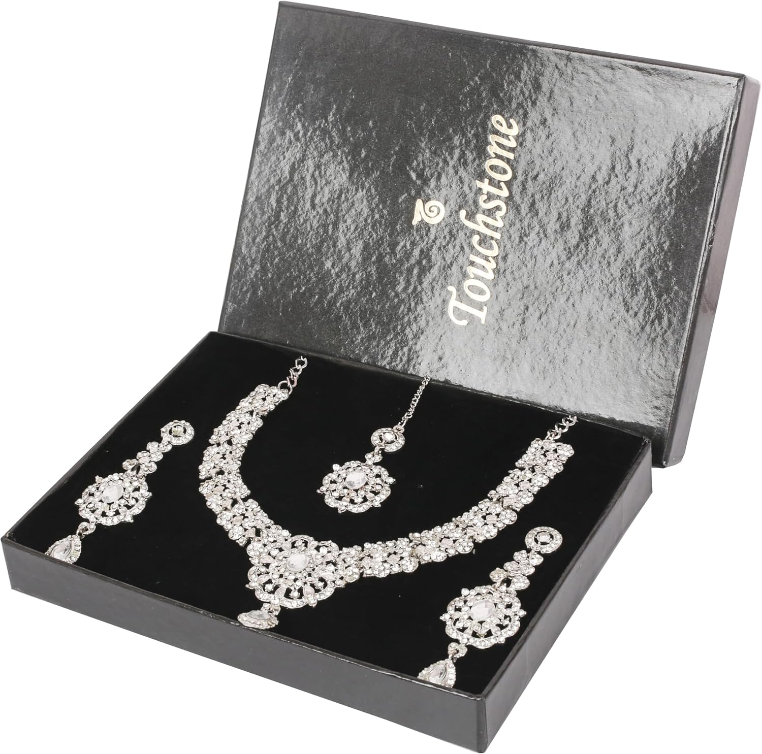 Touchstone Indian Bollywood Desire Enchanting Floral Diamond Studded Look Rhinestone Bridal Designer Jewelry Necklace Set In Gold or White Tone For Women. - Image 6