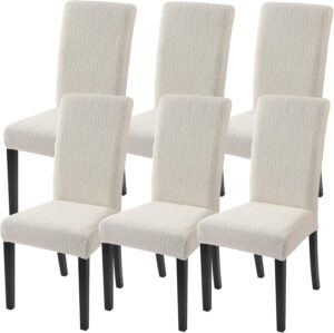 SearchI Jacquard Dining Room Chair Covers Set of 6, Stretch Kitchen Chair Covers Washable Parsons Chair Slipcover Removable Dining Chair Protectors for Hotel,Ceremony（Beige Floral Texture）