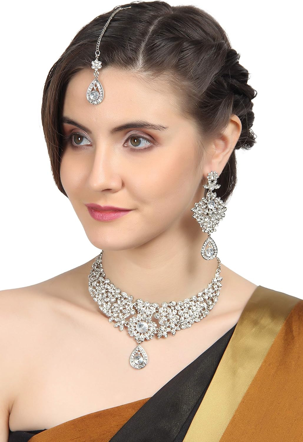 Touchstone Indian Jewelry Sets for Women Bollywood Necklace Earring Wedding high Fashion Victorian Formal Style Jewellery desi Artificial Imitation joyeria Rhinestone in Antique Gold or White Tone. - Image 2