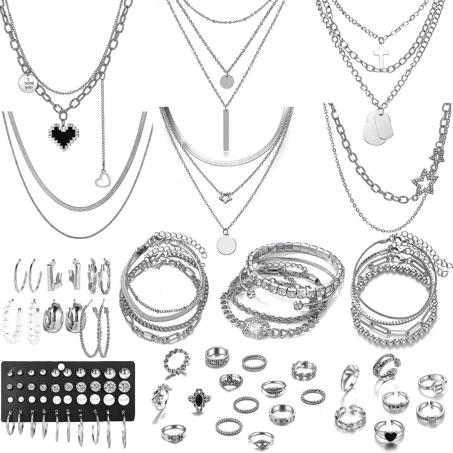 73 Pcs Gold Jewelry Set with 6Pcs Layered Necklace, 11 Pcs anklet and 7Pcs Earring Ear Cuff,12Hoop Earrings ,15pcs Rings,21pcs stud earrings Jewerly set for Women Pack for Friendship Party Gift