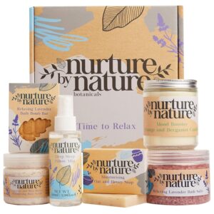 Nurture by Nature RELAX & CALM Spa Kit – Birthday Gifts for Women – Spa Gift Baskets For Women, 6-in-1 Self Care Kit, Bath Sets Gift – Lavender Pillow Mist, Bath Salts, Body Scrub, Bath Bomb