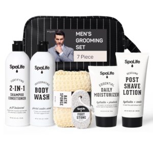 SpaLife 7-Piece Bath and Body Men Grooming Gift Set – 2-in-1 Shampoo & Conditioner, Body Wash, Daily Moisturizer, Post-Shave Lotion, Bath Sponge & Foot Stone for Luxurious At-Home Spa