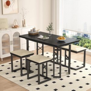 VECELO 43.3″ Dining Table Sets, Farmhouse Small Kitchen Table for 4 with 2 Benches Wicker Mats,Metal Frame Space-Saving Adjustable Feets Coffee Table for Home Kitchen Dining, Pitch Black