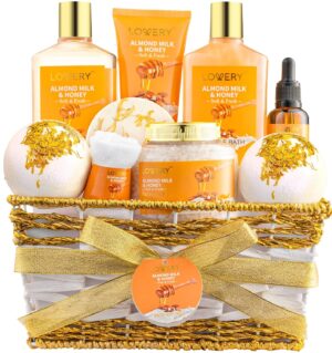 Gifts for Women Gift Basket for Women – 10 Pc Almond Milk & Honey Beauty & Personal Care Set – Home Bath Pampering Package for Relaxing – Spa Self Care Kit – Thank You, Birthday, Mom, Anniversary Gift