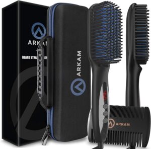 Arkam Beard Straightener for Men -Premium Heated Beard Brush Kit w/Anti-Scald Feature, Dual Action Hair Comb and Hard Shell Travel Case for Medium to Long Beards – Costume and Grooming Gifts for Men