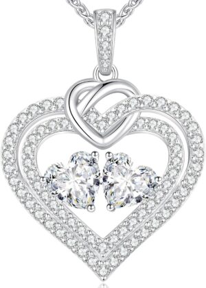 LOUISA SECRET Sparkling Double Heart Birthstone Necklaces for Women, 925 Sterling Silver Fine Jewelry, Pendant Heart Necklaces Birthday Anniversary Christmas Gift for Women Wife Mom Girlfriend Lady