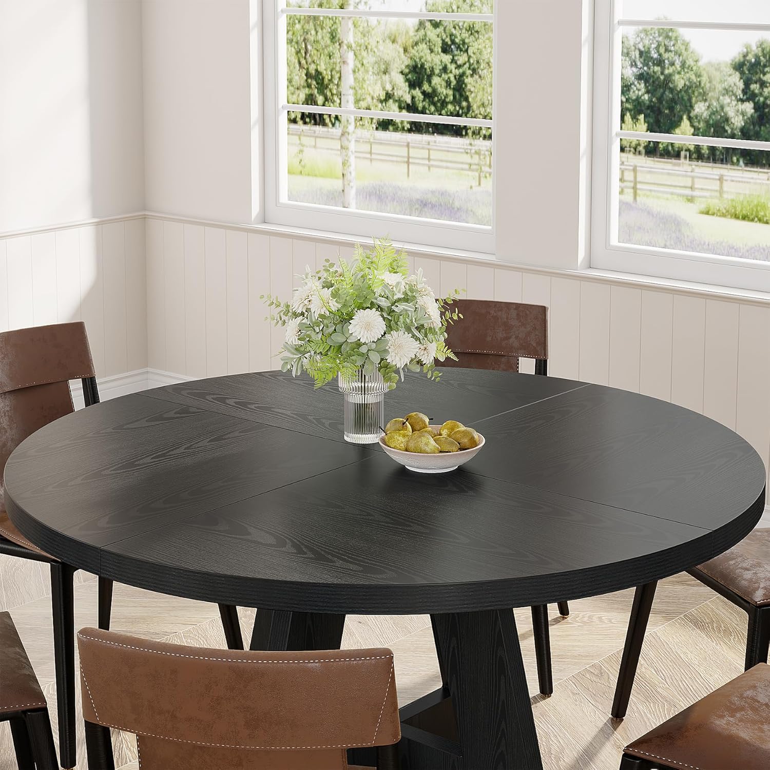 Tribesigns Round Dining Table Wood Kitchen Table for Dining Room, 47 in Dinning Room Tables for 4 Man, Farmhouse Dinner Table with Wooden Tabletop and Cross Base, Black - Image 4