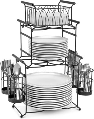 Sorbus® Buffet Caddy — 7-Piece Stackable Set Includes Plate, Napkin, and Silverware Holder, 3-Tier Detachable Tabletop Organizer — Ideal for Kitchen, Dining, Entertaining, Parties,Thanksgiving (Black)