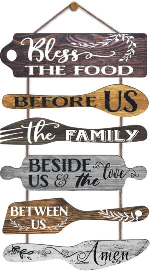 Bless the Food Before Us Farmhouse Kitchen Wall Decor – Dining Room Decorations Collage Wall Art in Neutral Grey Color – Wooden Rustic 6pcs Roped Sign 25×14 Inches Vertical