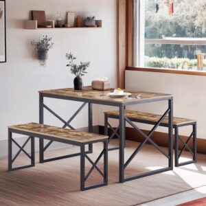 VECELO Kitchen Table with 2 Benches for 4, 43.3” Wood Dining Room Dinette Sets with X Metal Frame for Breakfast Nook and Small Space, Brown