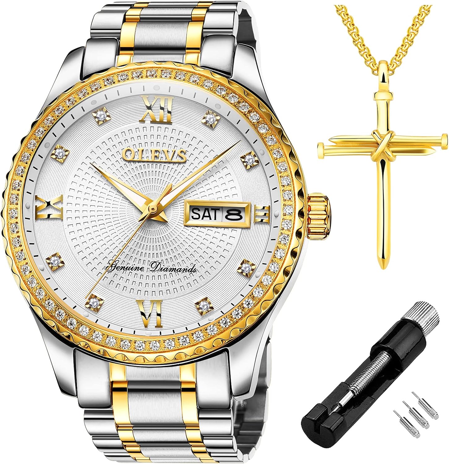 OLEVS Diamond Watches for Men,Business Dress Watch Waterproof Luminous,Male Golden Big Dial Luxury Casual Quartz Analog Watches with Day Date Calendar and Stainless Steel Band