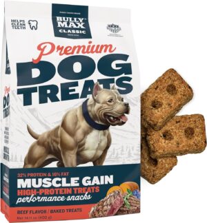 Bully Max Premium High Protein Dog Treats for Puppy & Adult Dogs – Training Dog Food Treats with 32% Protein, Real Meat, Veggies & BCAAs for Small, Medium & Large Breeds, Beef Flavor, 400g Bag