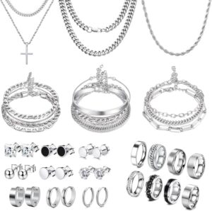 33 Pcs Silver Jewelry Set for Men Stainless Steel Band Ring Cuban Link Necklace Bracelet Hoop Stud Earrings Mens Jewelry Set