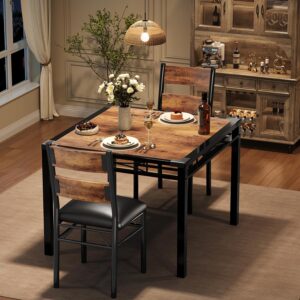 GarveeHome Dining Table Set for 2, Dining Table with 2 Upholstered Chairs, Wood 3-Piece Kitchen Dining Room Table Set with Corner Protector for Small Space, Kitchen, Apartment, Rustic Brown