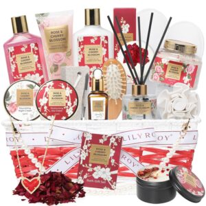 Mothers Day Gifts for Mom Rose & Cherry Blossom Spa Gift Set for Women – 19-Piece Luxury Bath & Body Care Kit with Necklace, DIY Chain, Shower Gel | Valentine’s Day, Christmas Gifts for Her, Wife