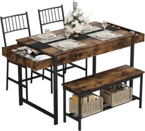 GarveeHome Dining Table Set for 4, Small Kitchen Table and 2 Chairs for 4 with Bench, Space Saving Kitchen Table Set with Storage Rack & Drawers, Breakfast Nook Rectangular Farmhouse Table Set,Retror