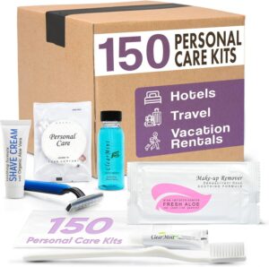 Personal Care Travel Toiletries | 1-Shoppe Amenities Kit | Travel Shaving Set, Toothbrush & Paste, Mouthwash, Makeup Wipes, Swabs, Nail File & Sewing Kit | 150 Pieces