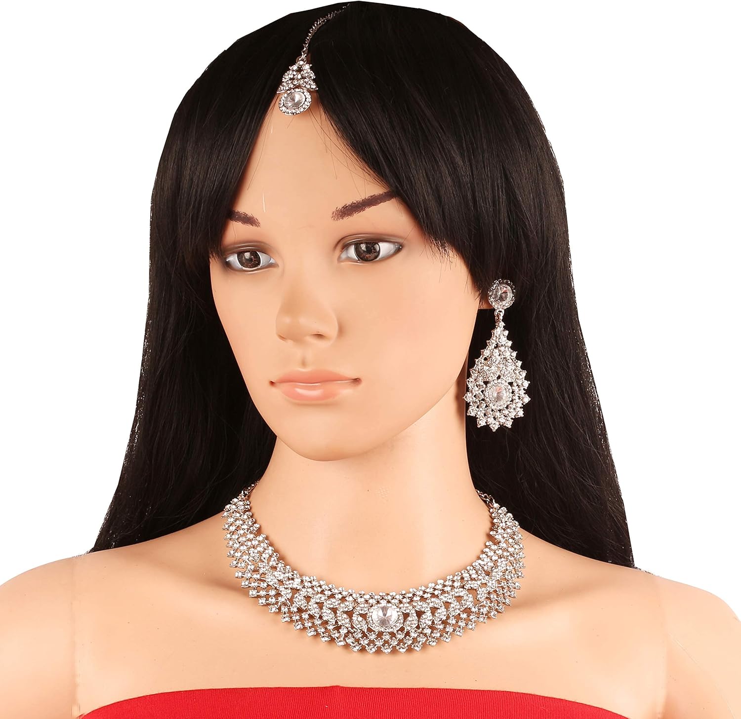 Touchstone Indian jewelry set for women rhinestone bridal necklace statement wedding brides earring formal big designer collar style trendy desi rhinestones maang tikka fashion in gold or silver tone - Image 9