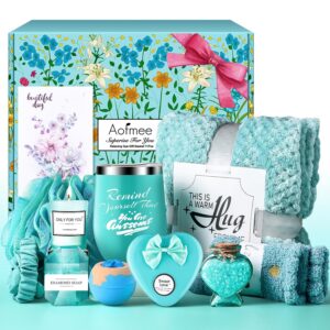 Birthday Gifts for Women, Thinking of You Gift Care Package with Luxury Flannel Blanket for Women Mom Her Wife Friends Sister, Blue Self Care Spa Relaxing Baskets for Christmas Valentines Mothers Day