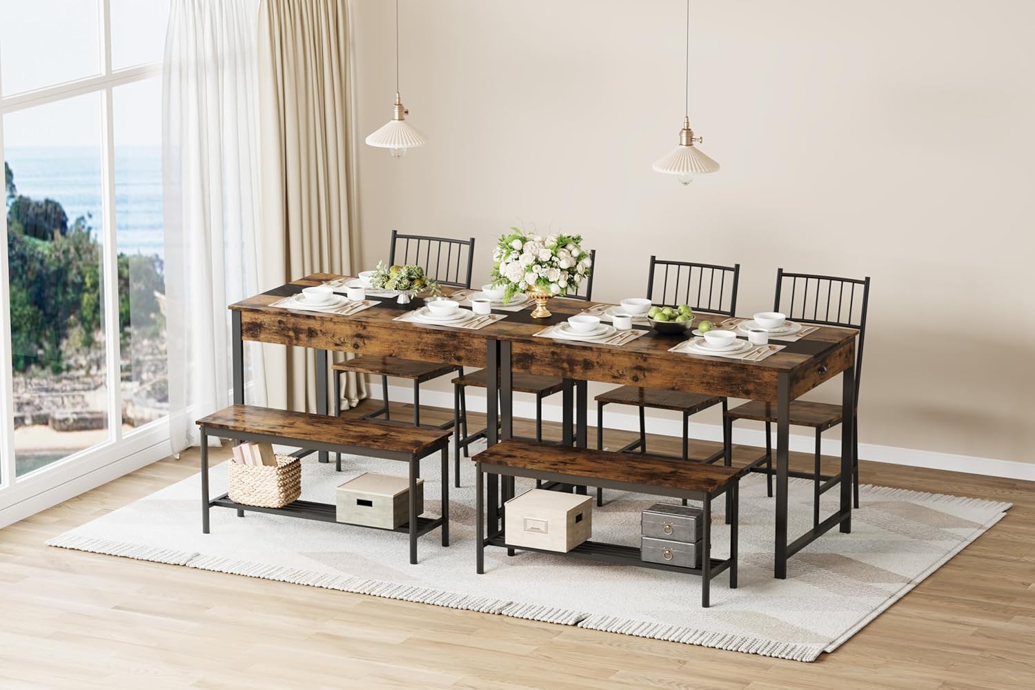 GarveeHome Dining Table Set for 4, Small Kitchen Table and 2 Chairs for 4 with Bench, Space Saving Kitchen Table Set with Storage Rack & Drawers, Breakfast Nook Rectangular Farmhouse Table Set,Retror - Image 4