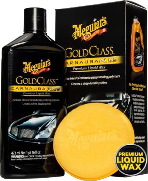 Meguiar’s Gold Class Carnauba Plus Premium Liquid Wax Kit, Car Detailing Kit with a Pure Carnauba Wax Blend and a Foam Applicator Pad for Keeping Glossy Paint Protected Like a Pro, 16 Oz Bottle