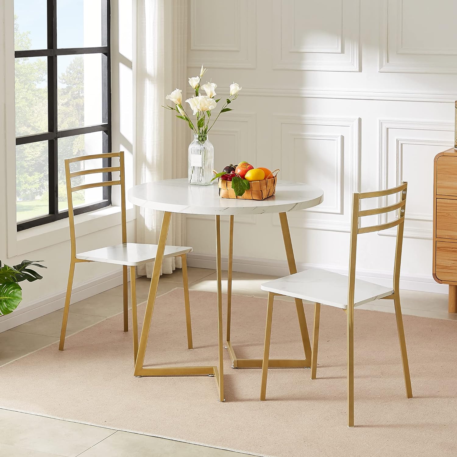 VECELO Round Dining Room Table with Wood Grain Tabletop and Steel Frame, for Kitchen, Living Room, Office, Conference, 2 to 4 Person, White & Gold - Image 5