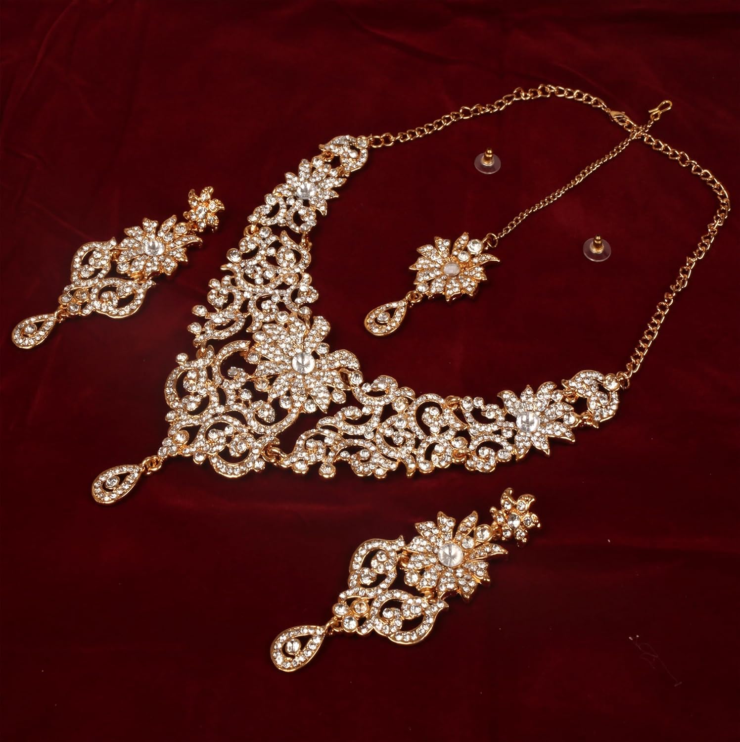 Touchstone Indian Jewelry Sets for Women Bollywood Wedding Bridal Necklace desi Earrings Formal Fancy Rhinestone India Designer Jewellery Punjabi Tikka Set in Antique Gold or Silver or White Tone - Image 5