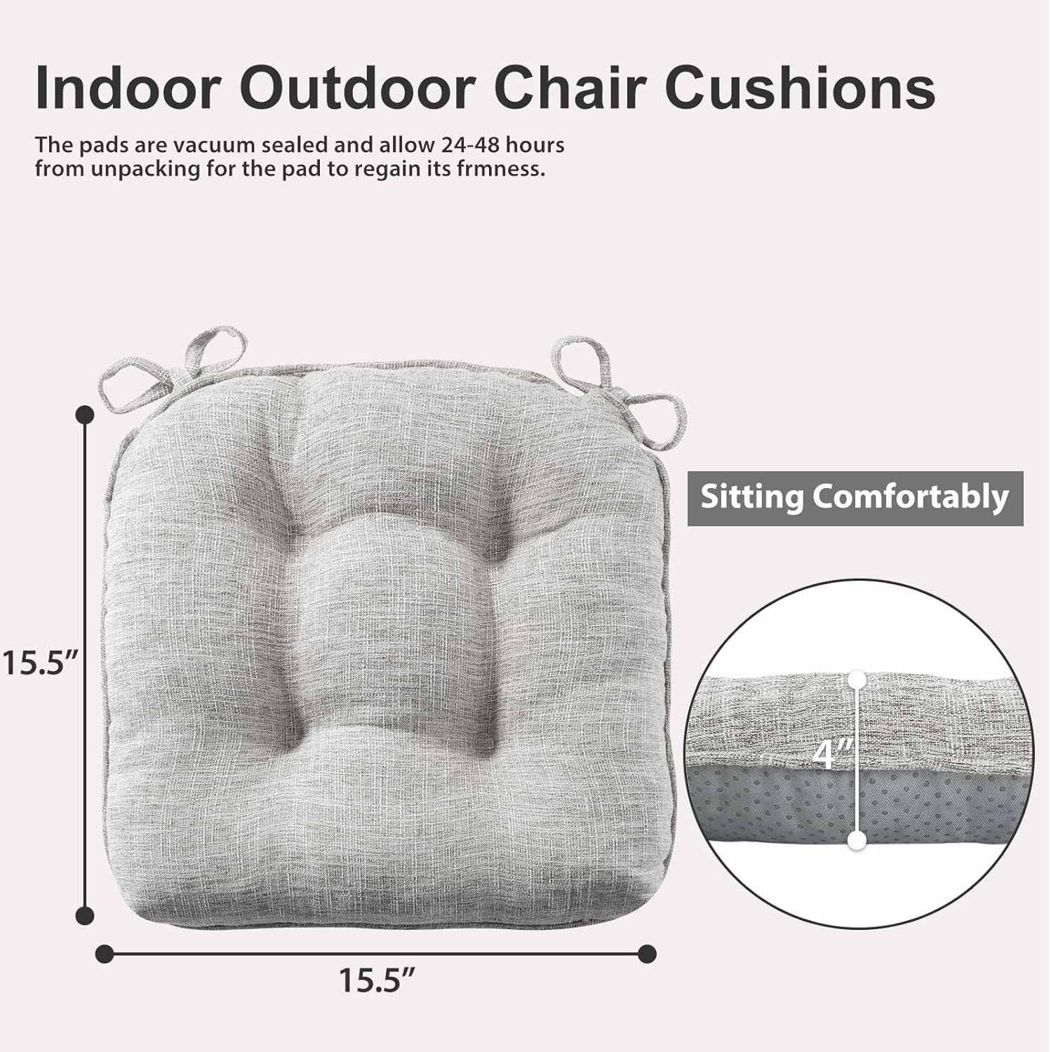 Quilmfoam 15.5"x15.5" Kitchen Chair Cushions Set of 4 for Dining Chair, Soft Tufted Non-Slip Memory Foam Seat Cushion with Ties for Indoor Kitchen Dining Furniture, Light Grey - Image 3