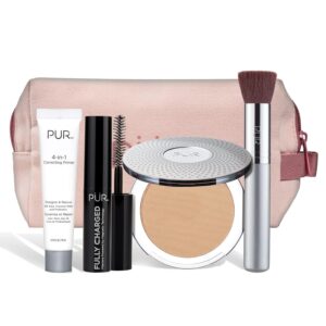 PÜR Multitasking Essentials Best Sellers Kit – Makeup Gift Set Includes 4-in-1 Correcting Primer, Fully Charged Mascara, 4-in-1 Pressed Mineral Powder & 1 Chisel Brush