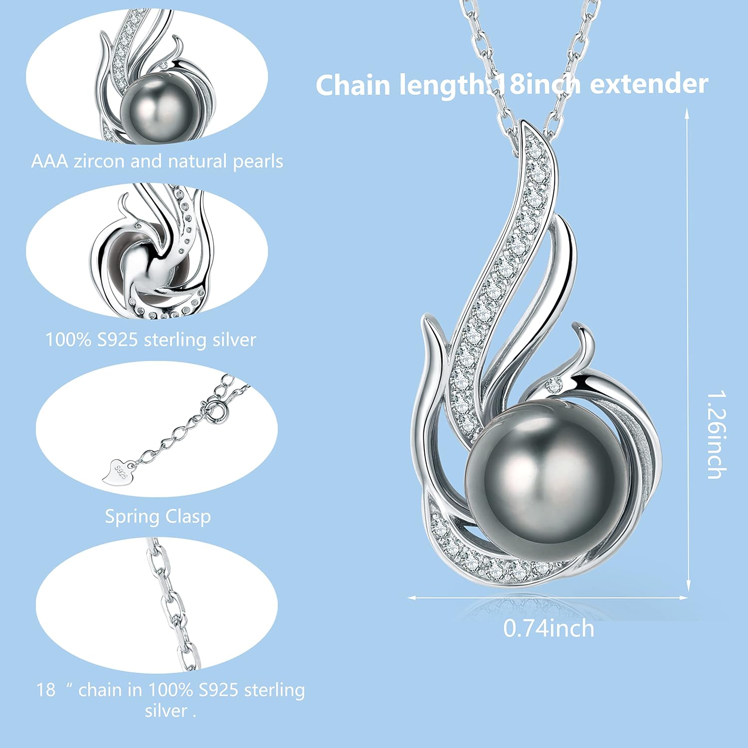 Tahitian Black Pearl Necklaces for Women 10-11mm - Pearl Necklace Phoenix Pendant | with 925 Sterling Silver 18" Chain - Christmas Mothers Day Valentine's Day Gifts For Women Wife Mom Grandma Girlfriend Daughter Her Best Friend Birthday Anniversary Fine Jewelry - Image 4