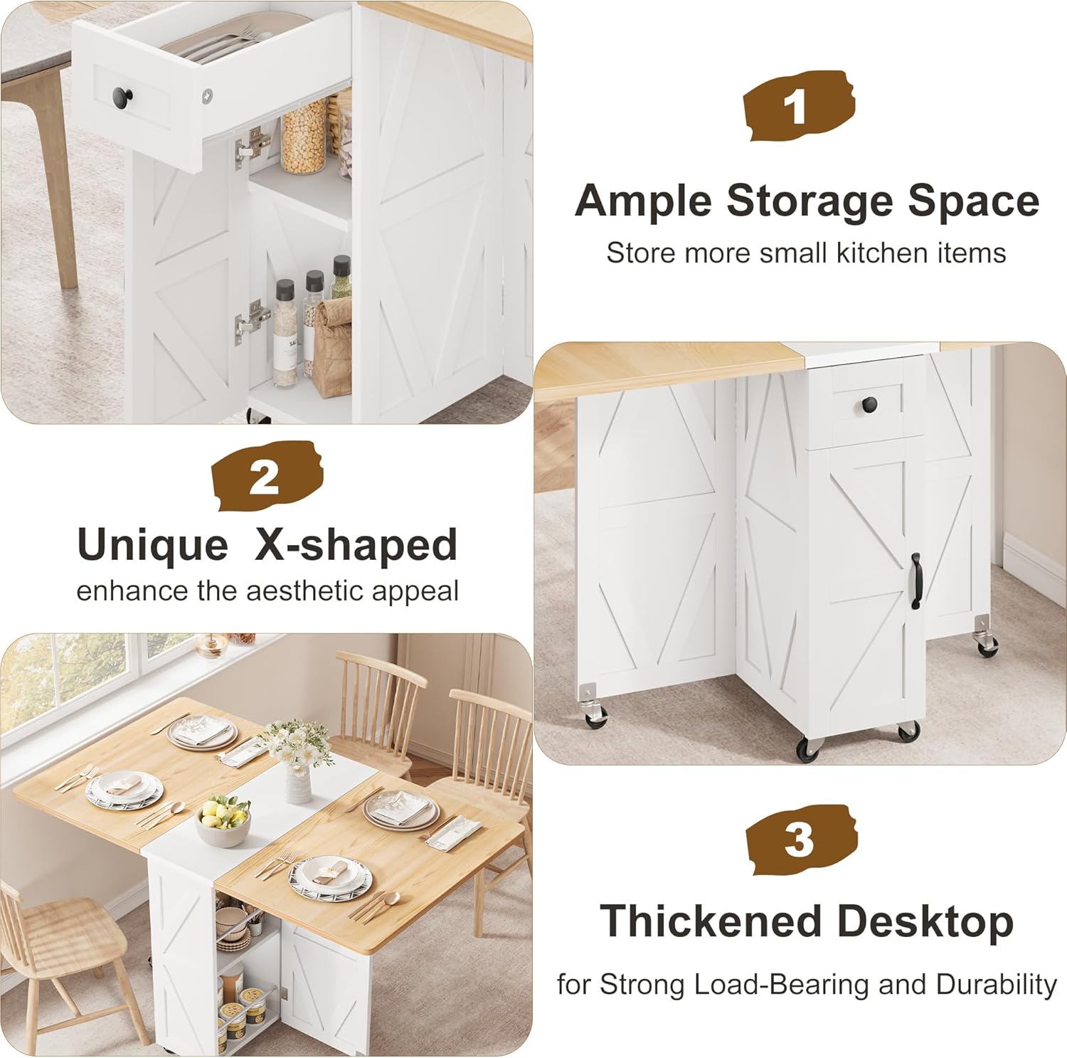 Space Saving Folding Dining Table, Farmhouse Foldable Dining Table with Drawer and 2-Layer Storage Shelf, 6 Wheels Multipose Expandable Kitchen Drop Leaf Table for Small Space (Pear Wood White) - Image 7