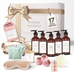 17-Piece Luxury Gift Set with Robe | Complete INFUSÉ White Tea & Coconut Bath Collection | Self-Care Kit with Bath Bombs, Face Masks & Hair Care | Bridesmaid, Mom, Wife, Grandma or Loved Ones
