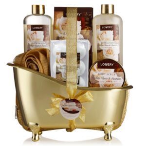 Gifts for Women Home Spa Gift Basket, Luxury 13pc Bath & Body Set Men & Women, White Rose & Jasmine Scent – Shower Gel, Bubble Bath, Body Scrub, Salts, 6 Bath Bombs, Pouf, Cosmetic Bag & Gold Tub