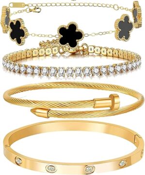Lamdo 18K Gold Plated Womens Stackable Floral Gold Clover Bracelets Set Love Bangle Bracelets Non Tarnish, Gold Bracelet Set Trendy Jewelry,Gifts for Women’s Day and Mother’s Day