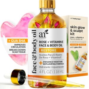 ArtNaturals Face & Body Vitamin E Bio Oil 4.0oz + Gua Sha Facial Tools Set – Organic Moisturizer Skincare for Scars, Stretch Mark, Cellulite & Nails – Great Massage oil for Massaging Joint & Muscle