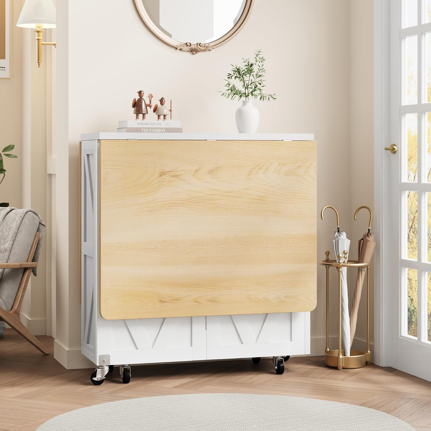 Space Saving Folding Dining Table, Farmhouse Foldable Dining Table with Drawer and 2-Layer Storage Shelf, 6 Wheels Multipose Expandable Kitchen Drop Leaf Table for Small Space (Pear Wood White) - Image 6