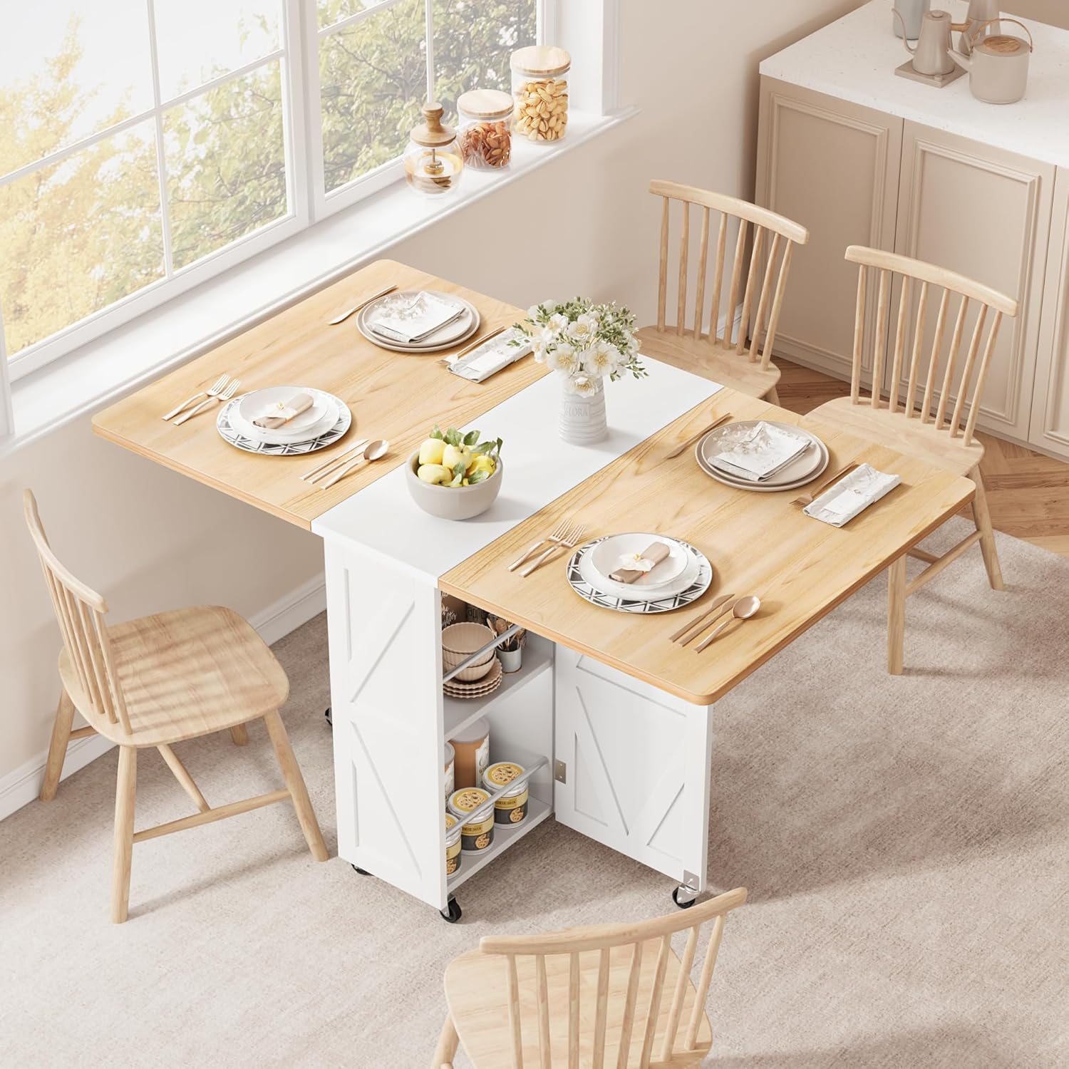 Space Saving Folding Dining Table, Farmhouse Foldable Dining Table with Drawer and 2-Layer Storage Shelf, 6 Wheels Multipose Expandable Kitchen Drop Leaf Table for Small Space (Pear Wood White) - Image 3