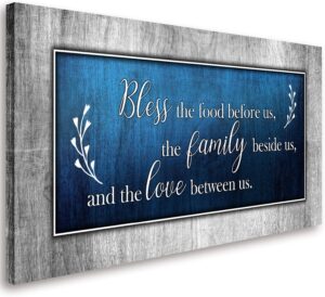 Christian Wall Art Decor Blue and Grey Canvas Prints Bless The Food Quote Wall Pictures Framed Artwork for Home Living Room Dining Room Kitchen Decorations