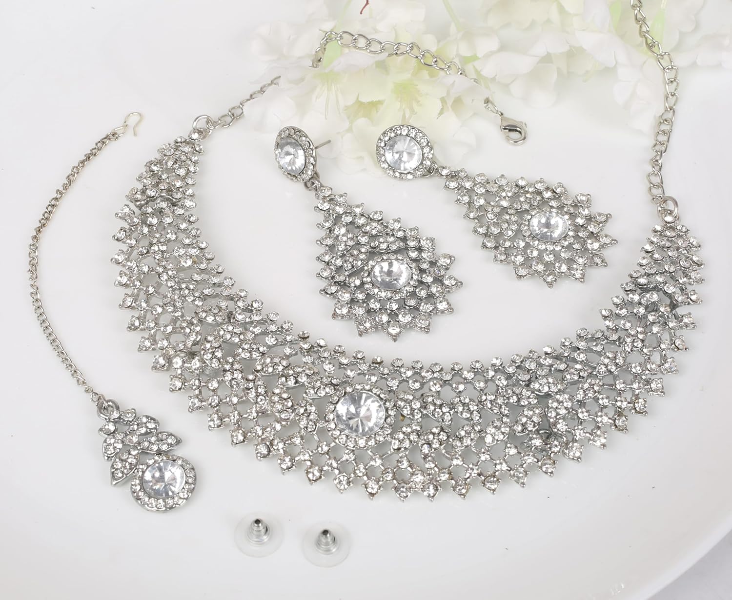 Touchstone Indian jewelry set for women rhinestone bridal necklace statement wedding brides earring formal big designer collar style trendy desi rhinestones maang tikka fashion in gold or silver tone - Image 5