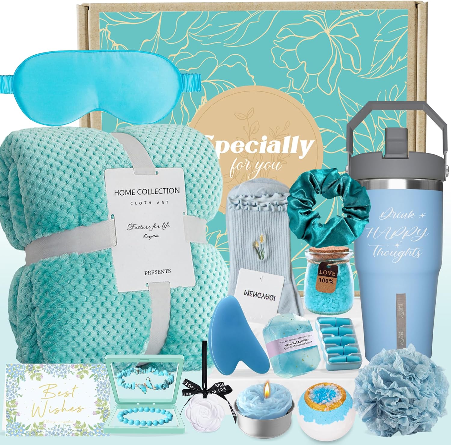 Birthday Gifts for Women Self Care Gifts Get Well Soon Gifts, Ocean Relaxing Spa Gifts Basket Care Package w/Luxury Flannel Blanket, Unique Idea for Mom Her Friends Sister Wife