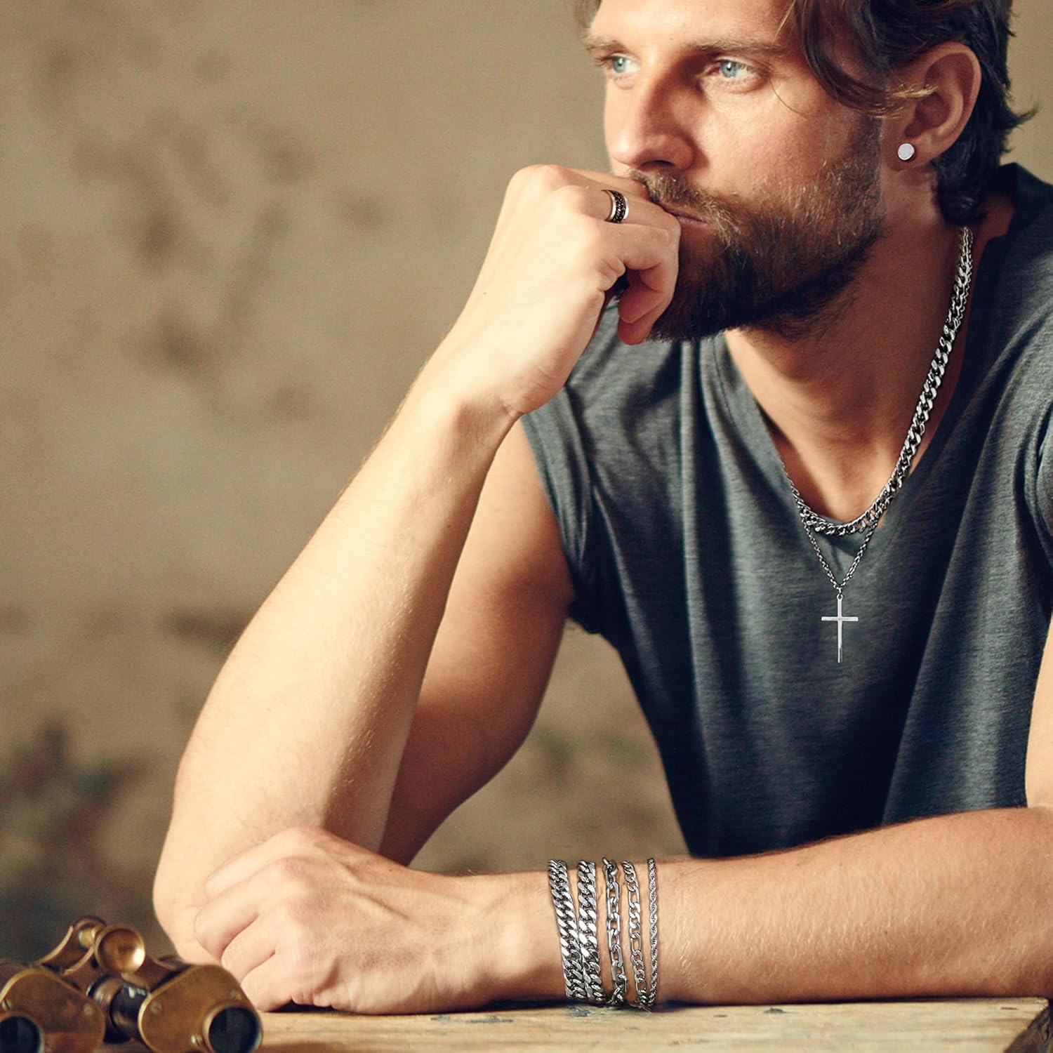 33 Pcs Silver Jewelry Set for Men Stainless Steel Band Ring Cuban Link Necklace Bracelet Hoop Stud Earrings Mens Jewelry Set - Image 3