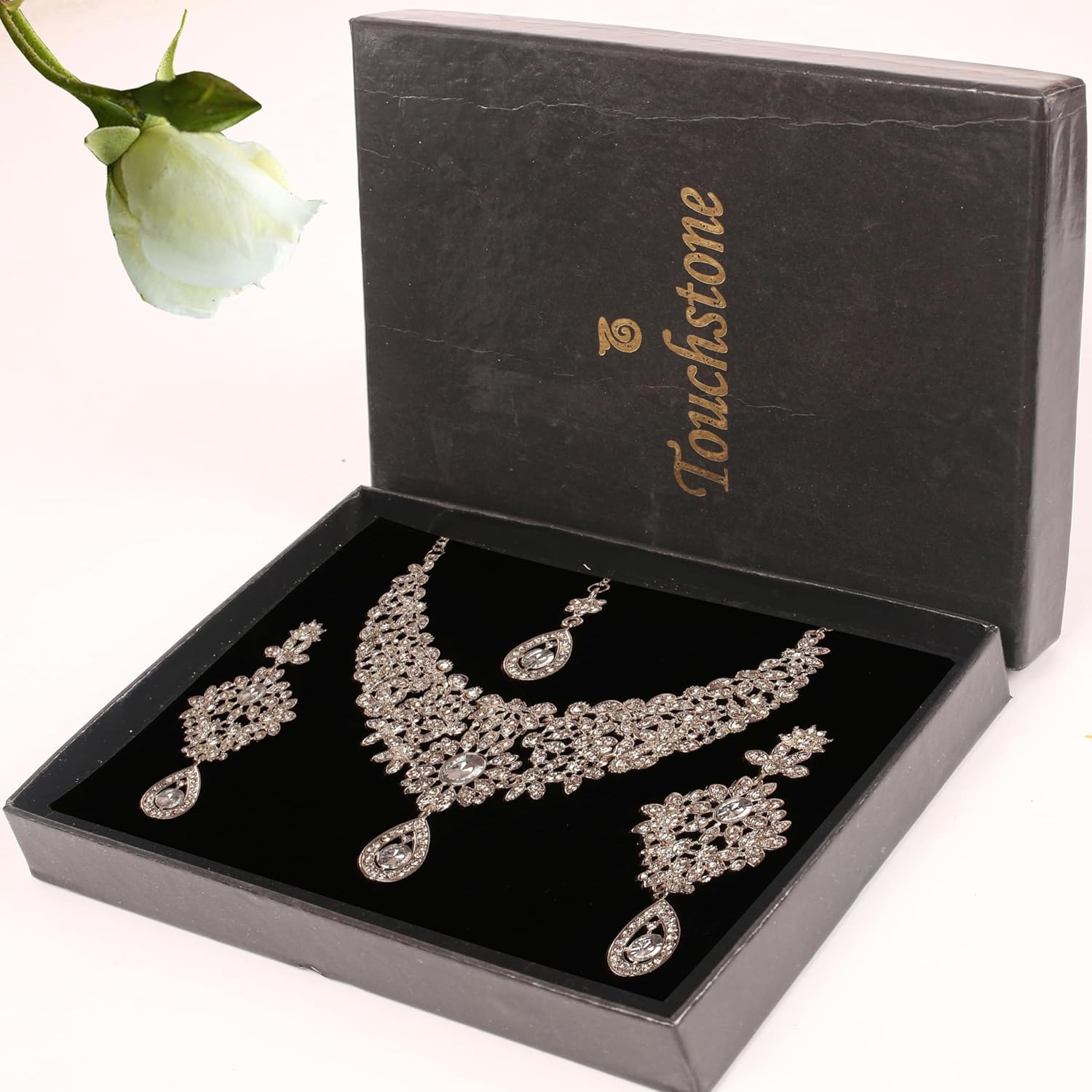 Touchstone Indian Jewelry Sets for Women Bollywood Necklace Earring Wedding high Fashion Victorian Formal Style Jewellery desi Artificial Imitation joyeria Rhinestone in Antique Gold or White Tone. - Image 5