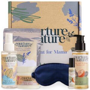 Nurture by Nature Relaxing Spa Gifts for Women – New Mom Gifts Care Package for Women with Deep Sleep Pillow Spray & Bath Salts, Vegan & Cruelty Free New Mommy Essentials – Baby Shower Gift Baskets