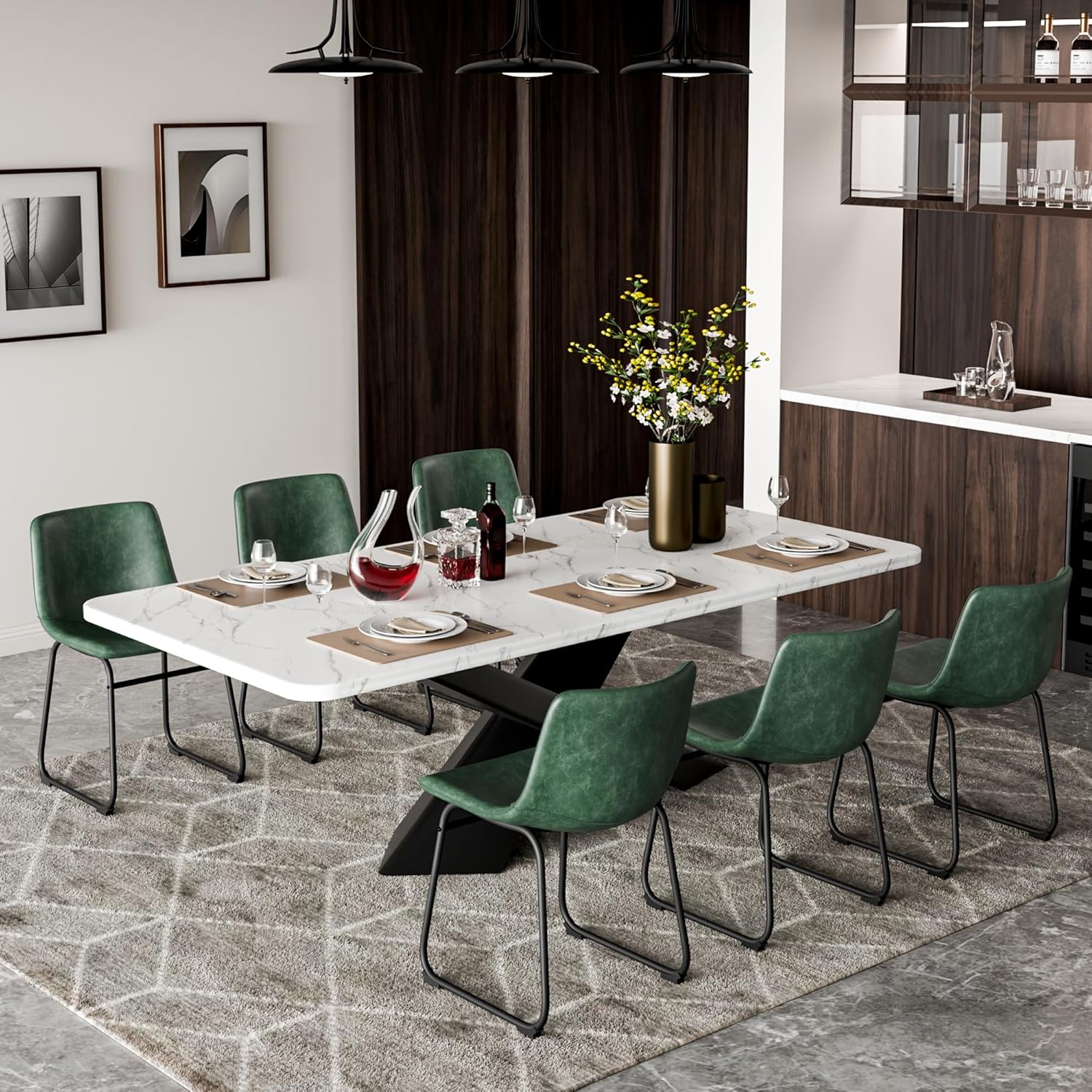 Dining Chairs Set of 2, 18 Inch Modern Armless Dining Chair with Back, Faux Leather Kitchen Dining Room Chair with Metal Legs for Home, Bistro Coffee Shops (Green) - Image 3