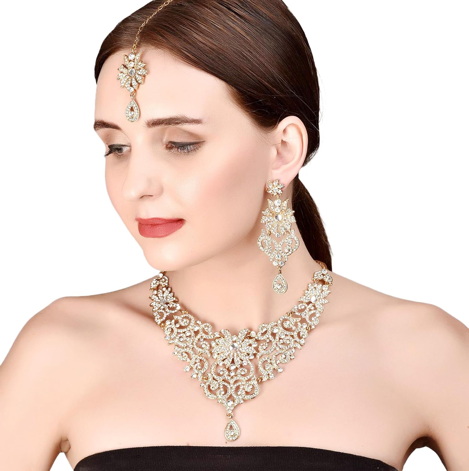 Touchstone Indian Jewelry Sets for Women Bollywood Wedding Bridal Necklace desi Earrings Formal Fancy Rhinestone India Designer Jewellery Punjabi Tikka Set in Antique Gold or Silver or White Tone - Image 2