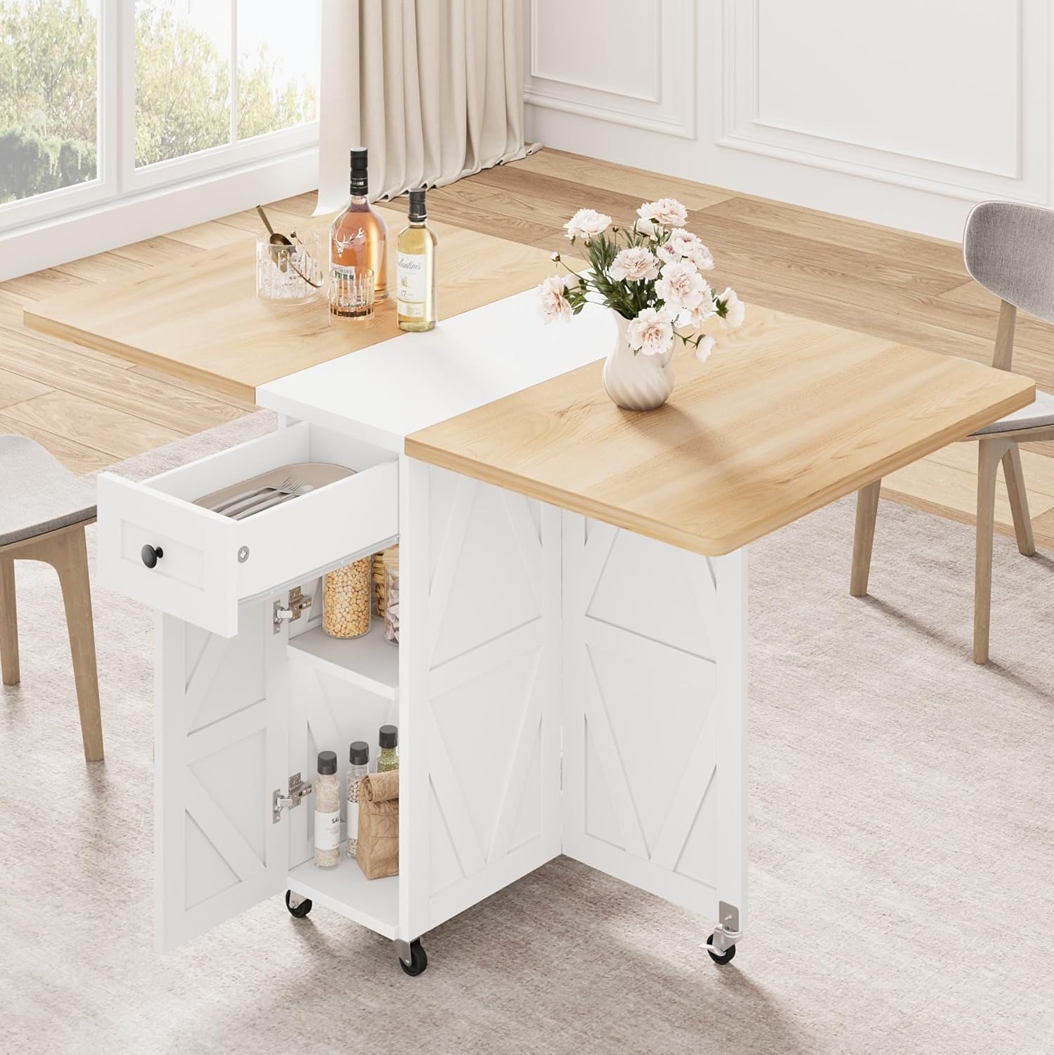 Space Saving Folding Dining Table, Farmhouse Foldable Dining Table with Drawer and 2-Layer Storage Shelf, 6 Wheels Multipose Expandable Kitchen Drop Leaf Table for Small Space (Pear Wood White)