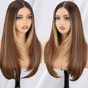 NOSTALGIA Honey Blonde Highlight Straight Lace Front Wig Pre Cut Glueless Synthetic Layered Wig 24 Inch Middle Part Closure Wig For Women Upgraded with Premium Fiber
