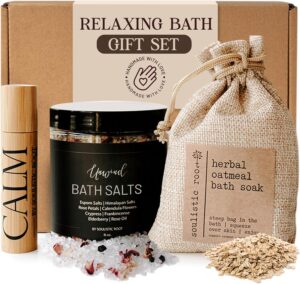 Relaxing Bath Gift Set, Luxury Spa Gifts for Women, Self Care Products for Women and Men, Calm Essential Oil Roller, Oatmeal Lavender Bath Soak & Epsom Salts with Essential Oils